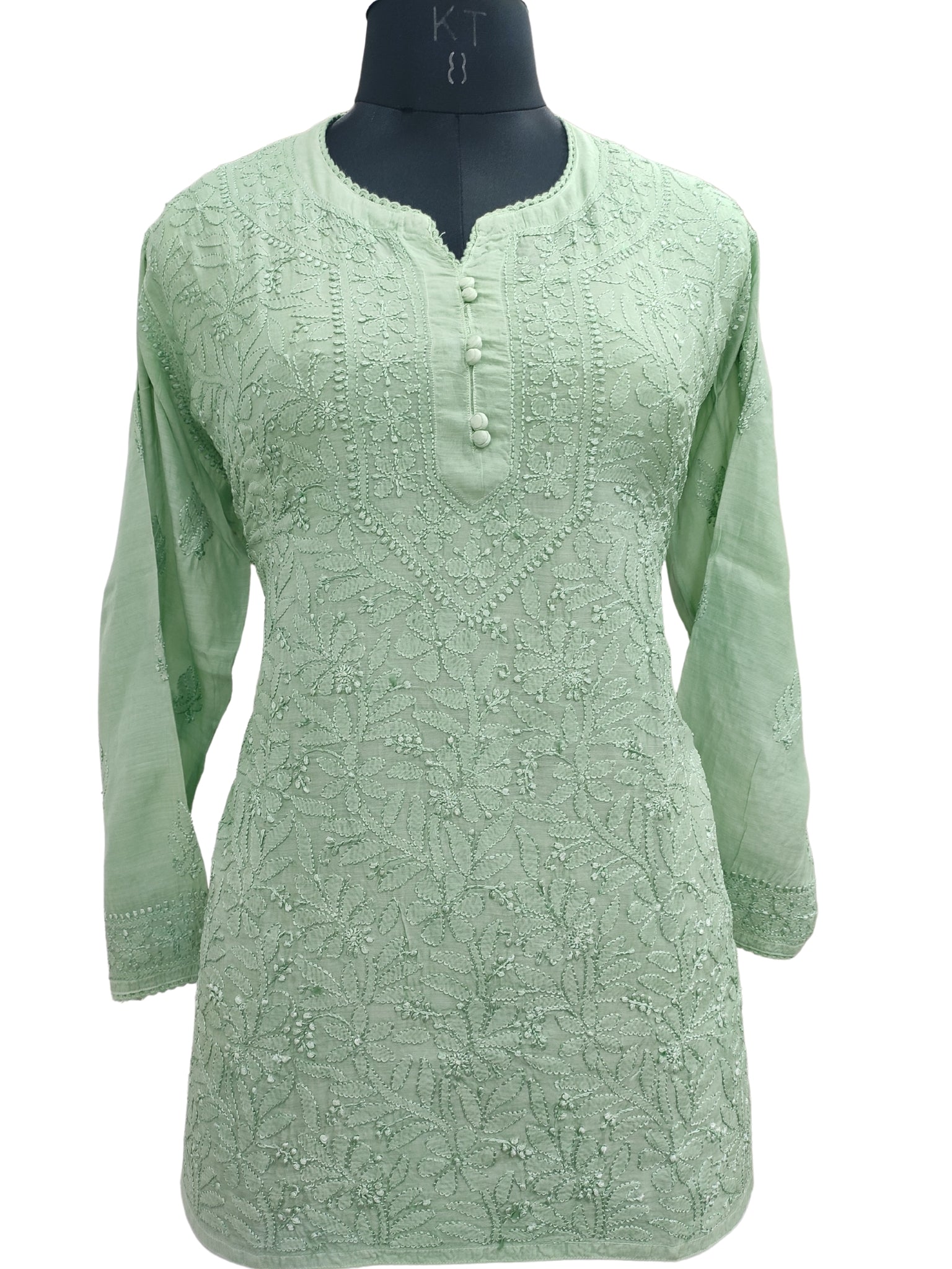 Shyamal Chikan Hand Embroidered Green Muslin Lucknowi Chikankari Short Top - 23498