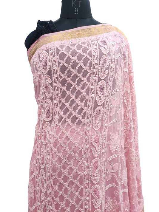Shyamal Chikan Hand Embroidered Pink Pure Chiffon Lucknowi Chikankari Saree With Blouse Piece- S18697