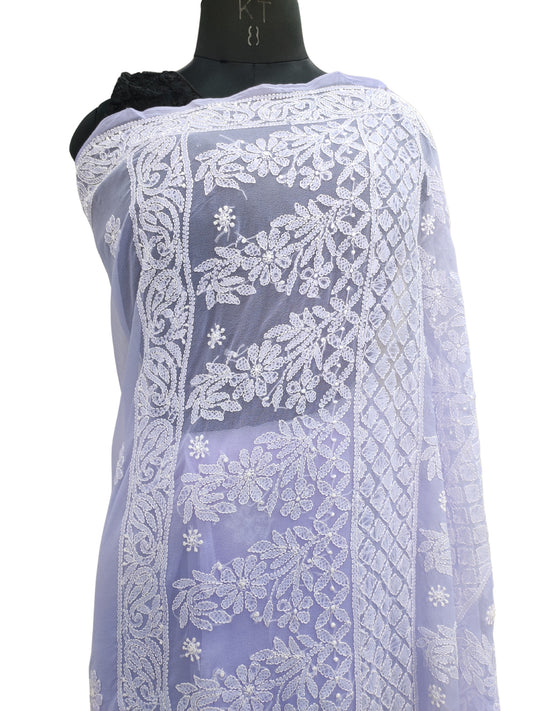 Shyamal Chikan Hand Embroidered Lavender Georgette Lucknowi Chikankari Skirt Saree With Blouse Piece - S26068