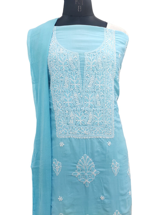 Shyamal Chikan Hand Embroidered Blue Cotton Lucknowi Chikankari Unstitched Suit Piece 24193