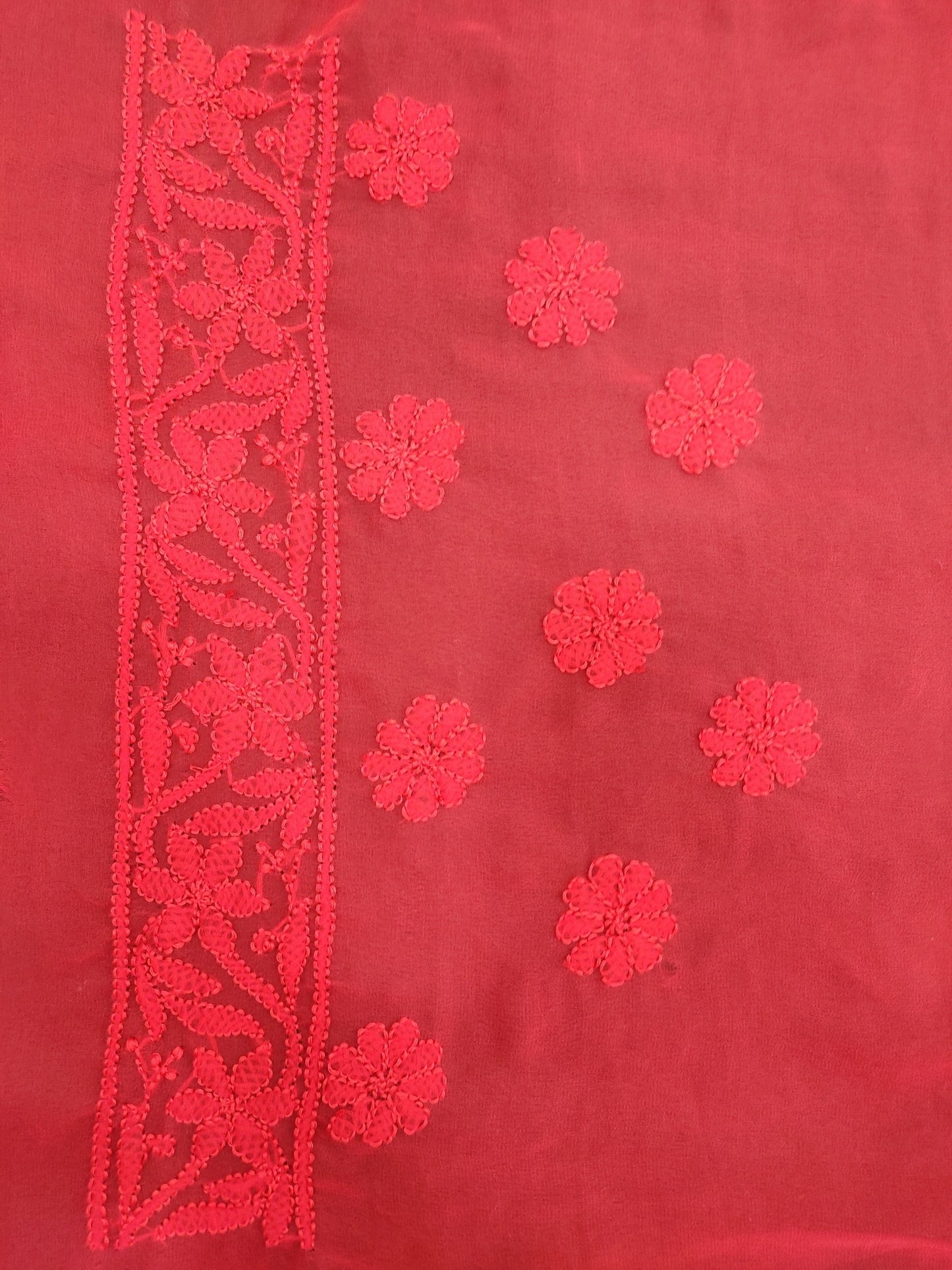 Shyamal Chikan Hand Embroidered Red Georgette Lucknowi Chikankari Skirt Saree With Blouse Piece - S21742