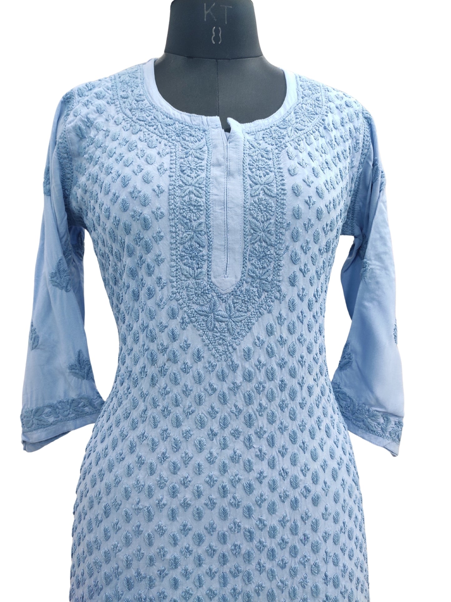 Shyamal Chikan Hand Embroidered Blue Rayon Cotton Lucknowi Chikankari Kurti- S23516