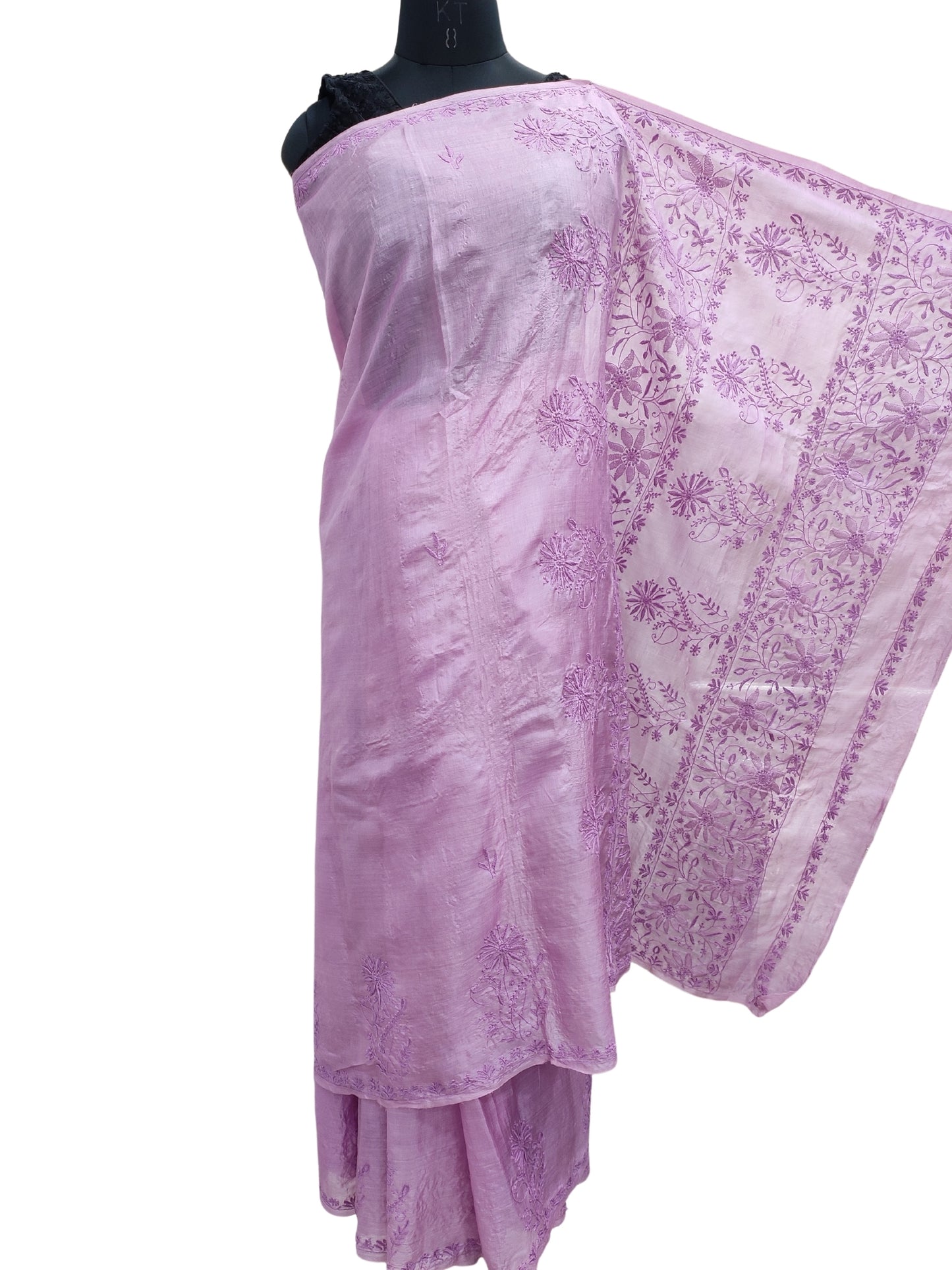 Shyamal Chikan Hand Embroidered Purple Pure Tusser Silk Lucknowi Chikankari Saree With Blouse Piece- S21493