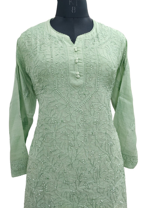 Shyamal Chikan Hand Embroidered Green Muslin Lucknowi Chikankari Short Top - S23498