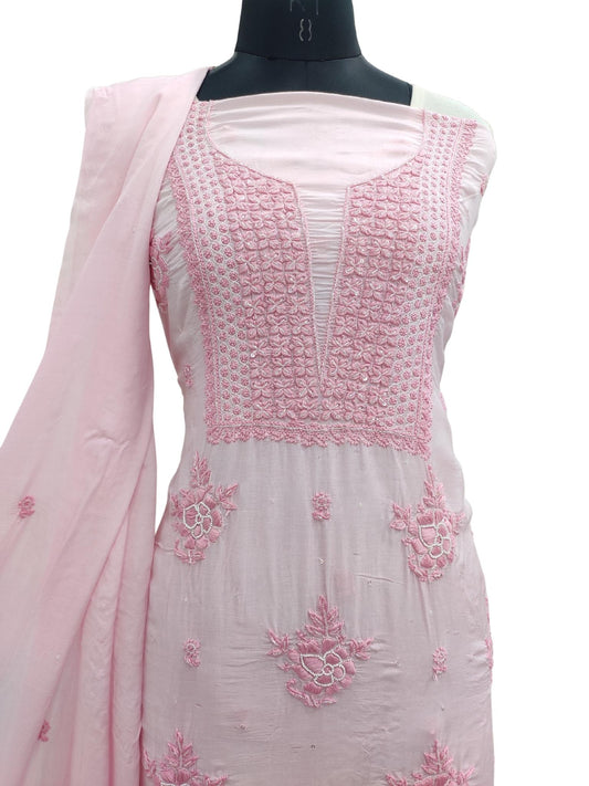 Shyamal Chikan Hand Embroidered Pink Muslin Lucknowi Chikankari Unstitched Suit Piece With Pearl and Cut Dana Work ( Kurta  Dupatta Set ) - S20082