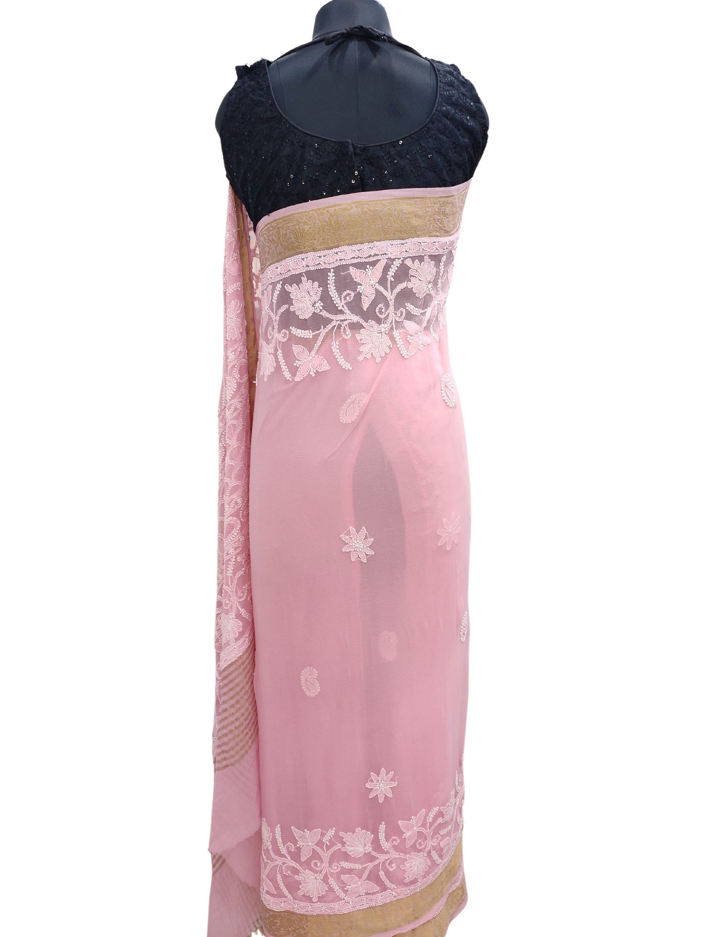 Shyamal Chikan Hand Embroidered Pink Pure Chiffon Lucknowi Chikankari Saree With Blouse Piece- S18697