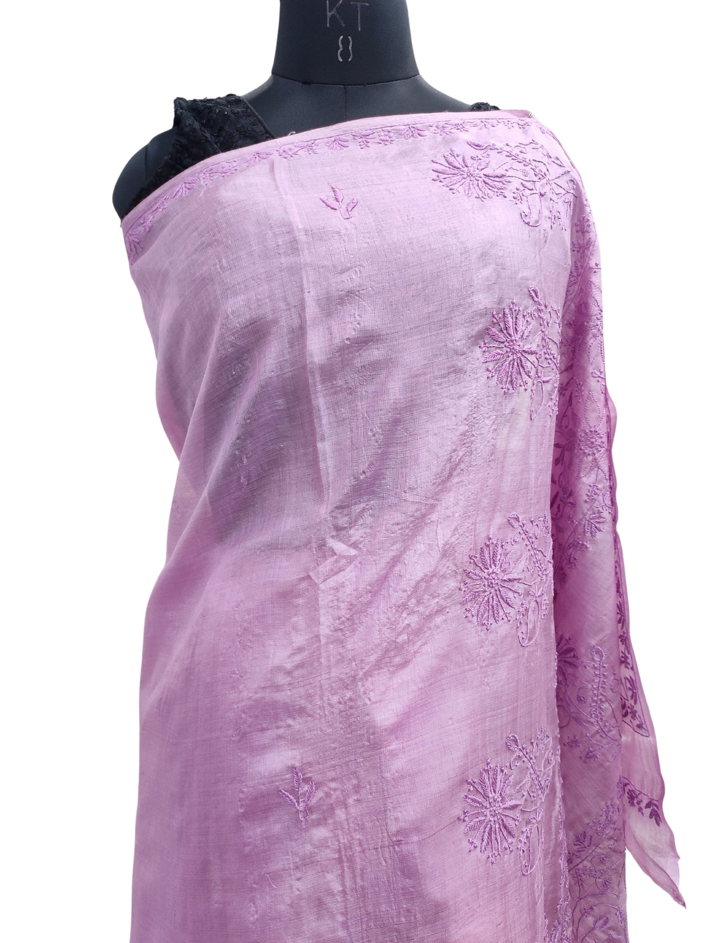 Shyamal Chikan Hand Embroidered Purple Pure Tusser Silk Lucknowi Chikankari Saree With Blouse Piece- S21493