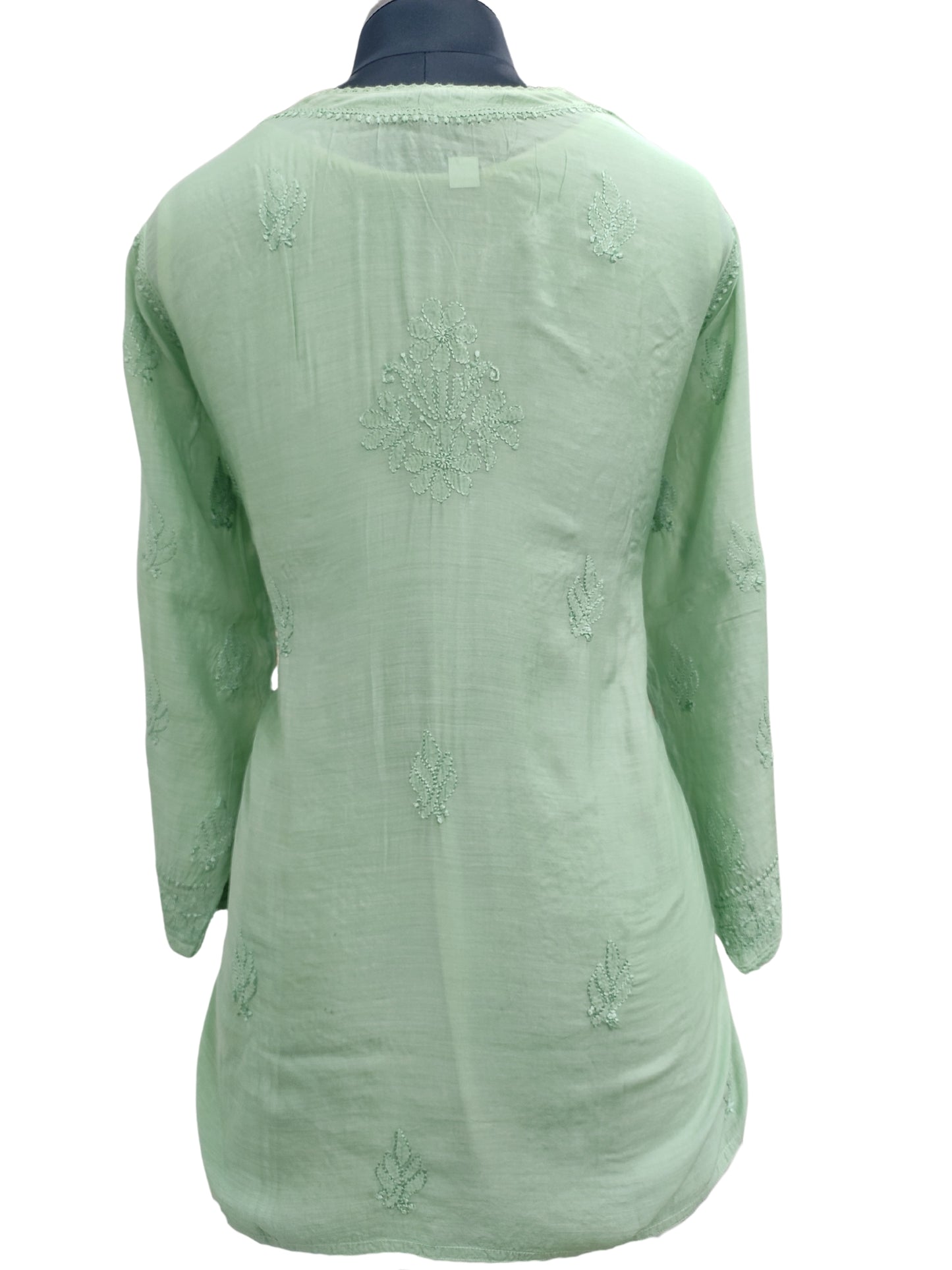 Shyamal Chikan Hand Embroidered Green Muslin Lucknowi Chikankari Short Top - 23498