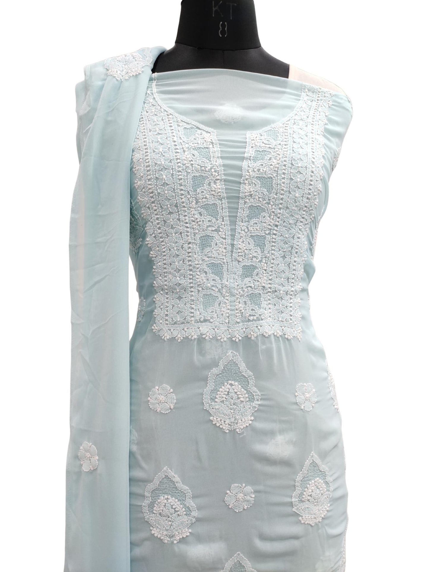 Shyamal Chikan Hand Embroidered High Quality Blue Georgette Lucknowi Chikankari Unstitched Suit Piece with Jaali Work - S18287