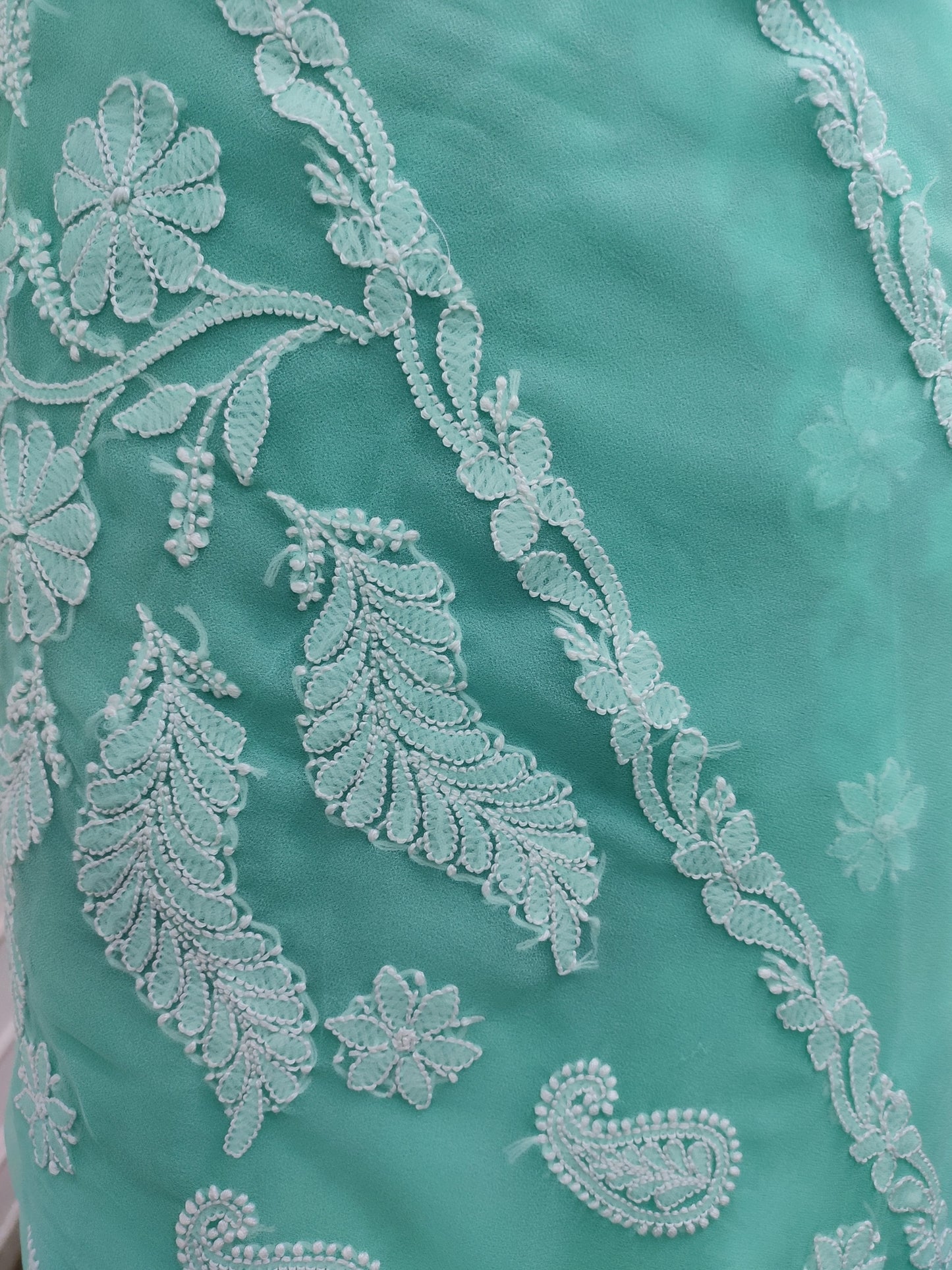 Shyamal Chikan Hand Embroidered Green Georgette Lucknowi Chikankari Saree With Blouse Piece - S23161