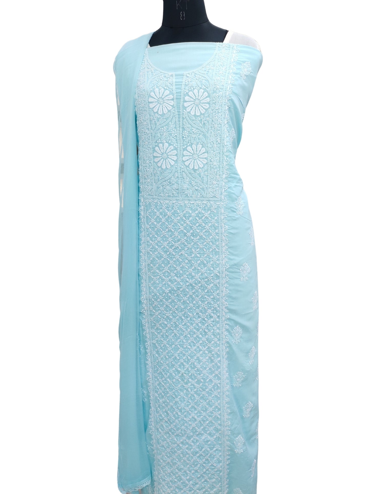 Shyamal Chikan Hand Embroidered Blue Cotton Lucknowi Chikankari Unstitched Suit Piece 23384