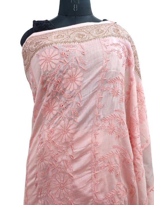 Shyamal Chikan Hand Embroidered Peach Pure Chanderi Lucknowi Chikankari Saree With Banarasi Borders and  Blouse Piece- S20867