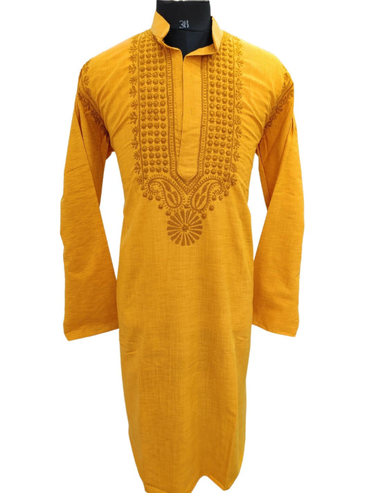 Shyamal Chikan Hand Embroidered Yellow Cotton Lucknowi Chikankari Men's Kurta – S21197