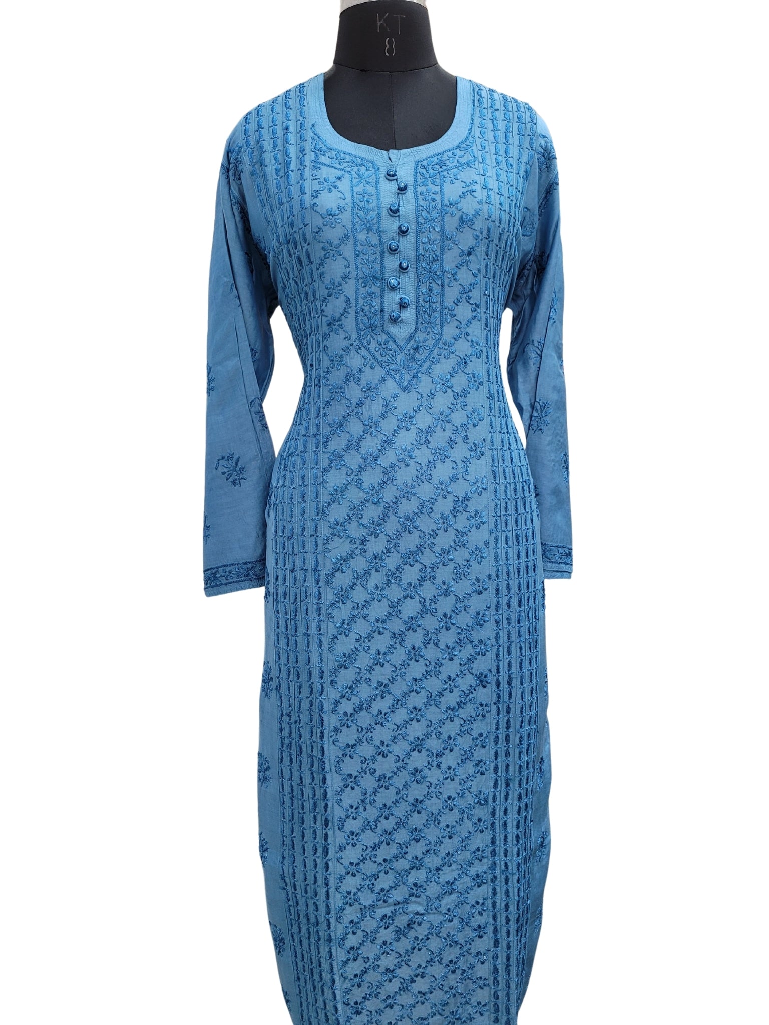 Shyamal Chikan Hand Embroidered Blue Muslin Lucknowi Chikankari Kurti - S24236