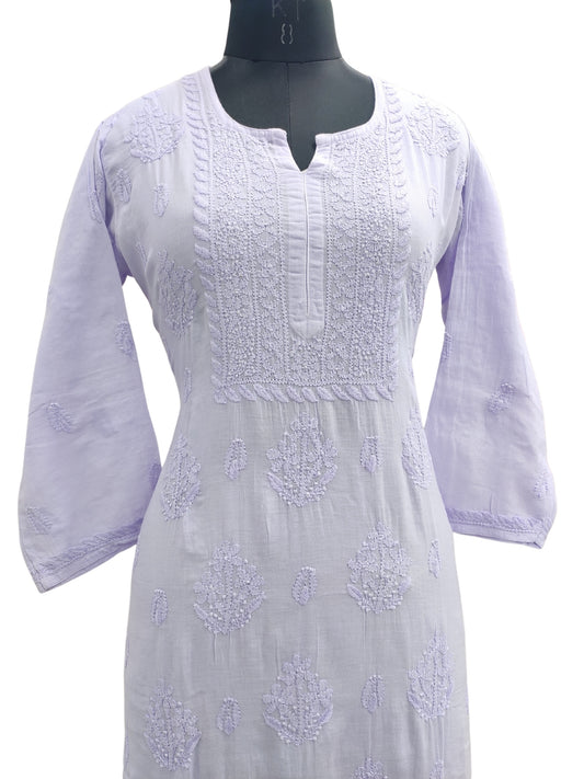 Shyamal Chikan Hand Embroidered Lavender Mul Lenin Lucknowi Chikankari Kurti- 23846