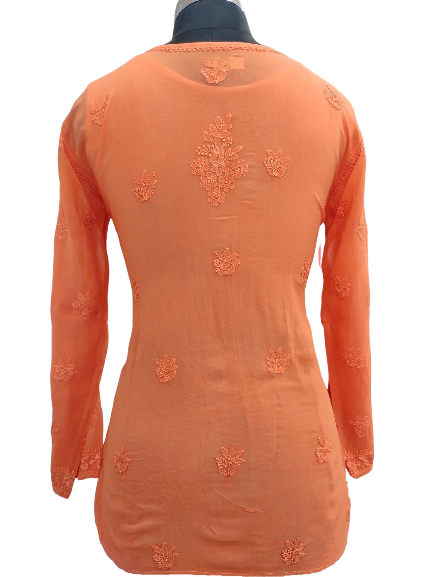 Shyamal Chikan Hand Embroidered Orange Viscose Georgette Lucknowi Chikankari Short Top S22806