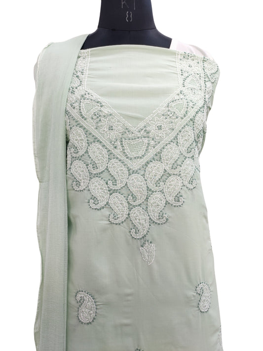 Shyamal Chikan Hand Embroidered Green Cotton Lucknowi Chikankari Unstitched Suit Piece 24137