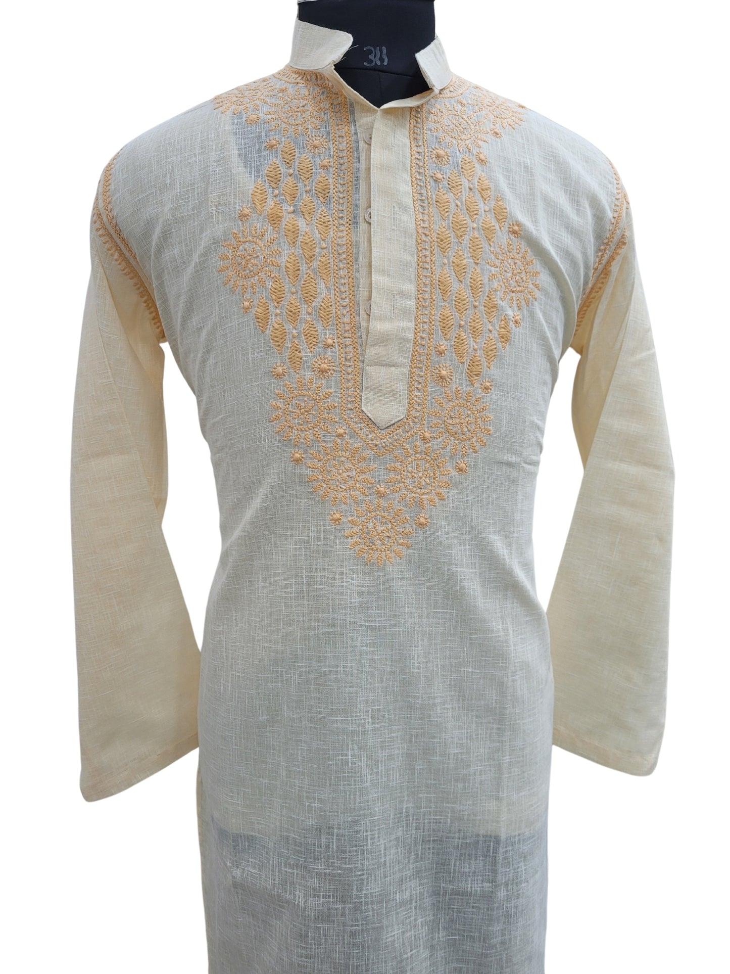 Shyamal Chikan Hand Embroidered Peach Cotton Lucknowi Chikankari Men's Kurta - S25190