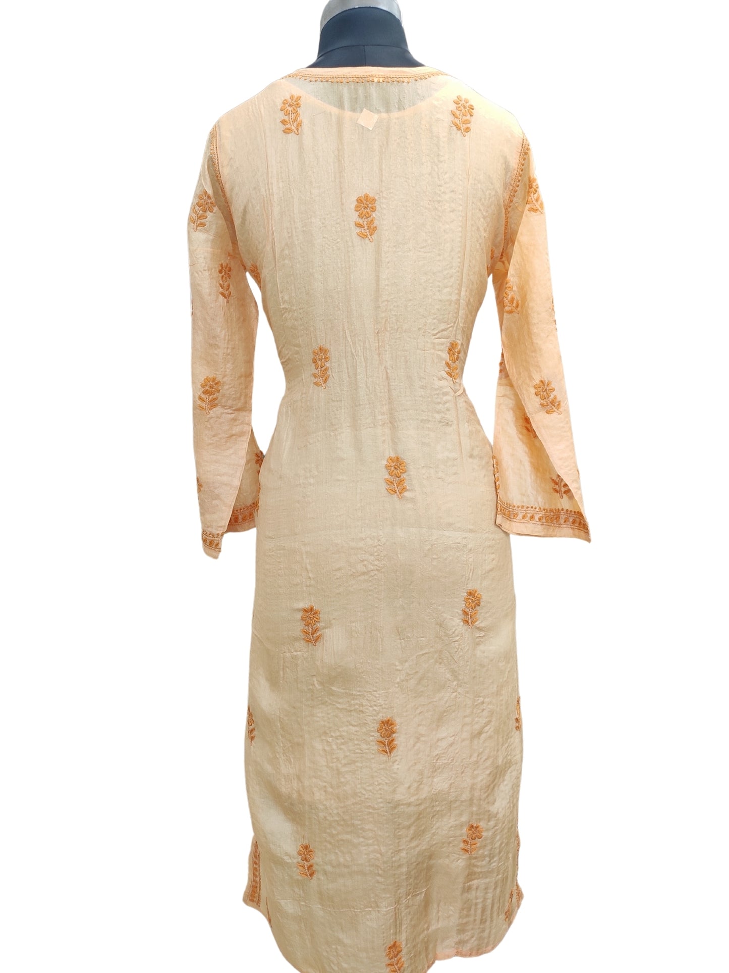 Shyamal Chikan Hand Embroidered Yellow Pure Tusser Silk Lucknowi Chikankari Kurti- S24414