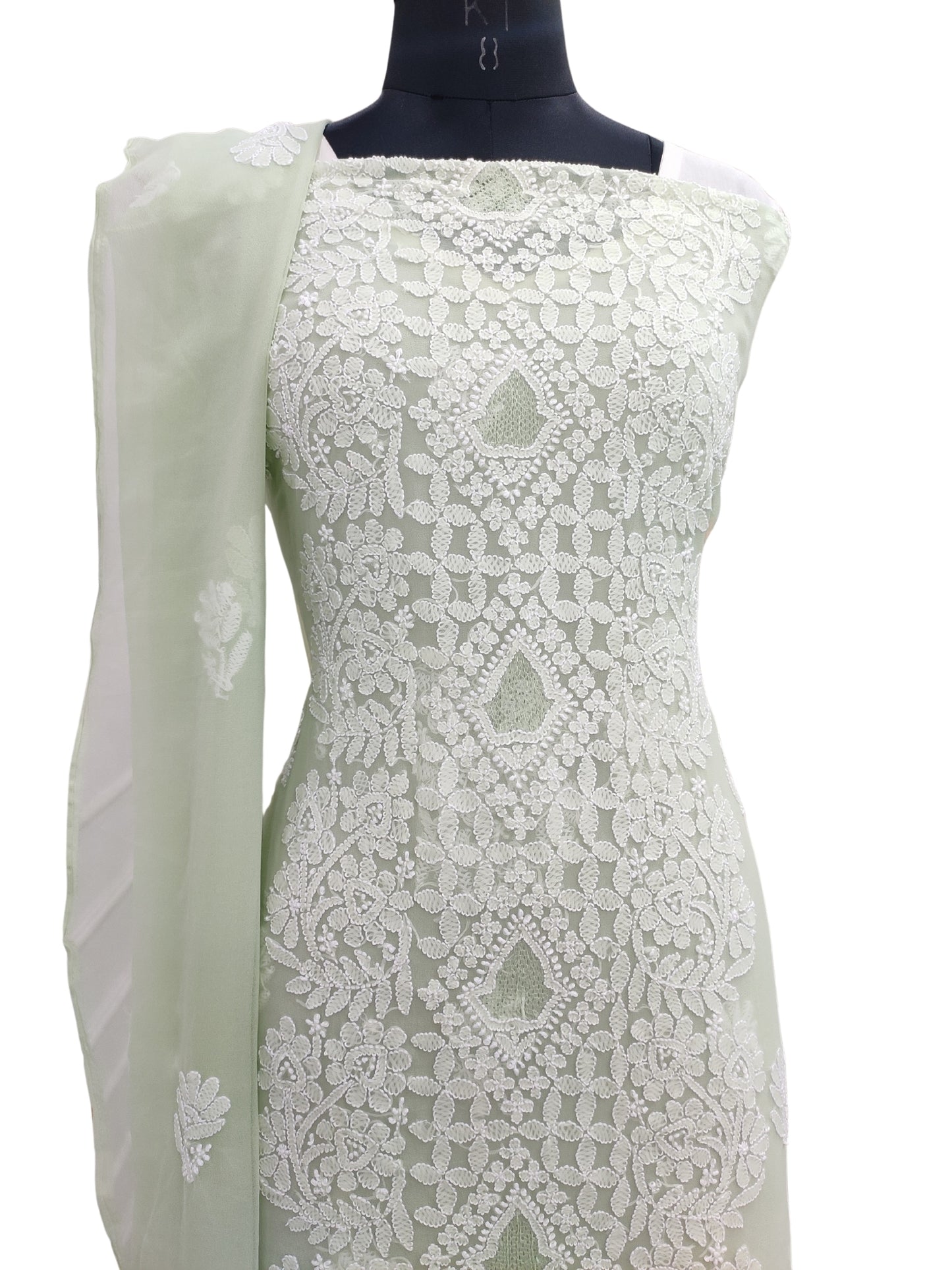 Shyamal Chikan Hand Embroidered Green Georgette Lucknowi Chikankari Unstitched Suit Piece - 24036