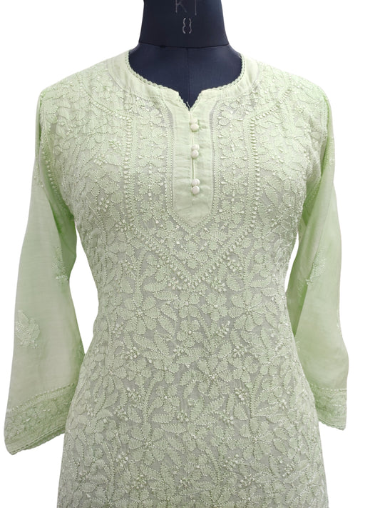 Shyamal Chikan Hand Embroidered Green Muslin Lucknowi Chikankari Short Top - 23496