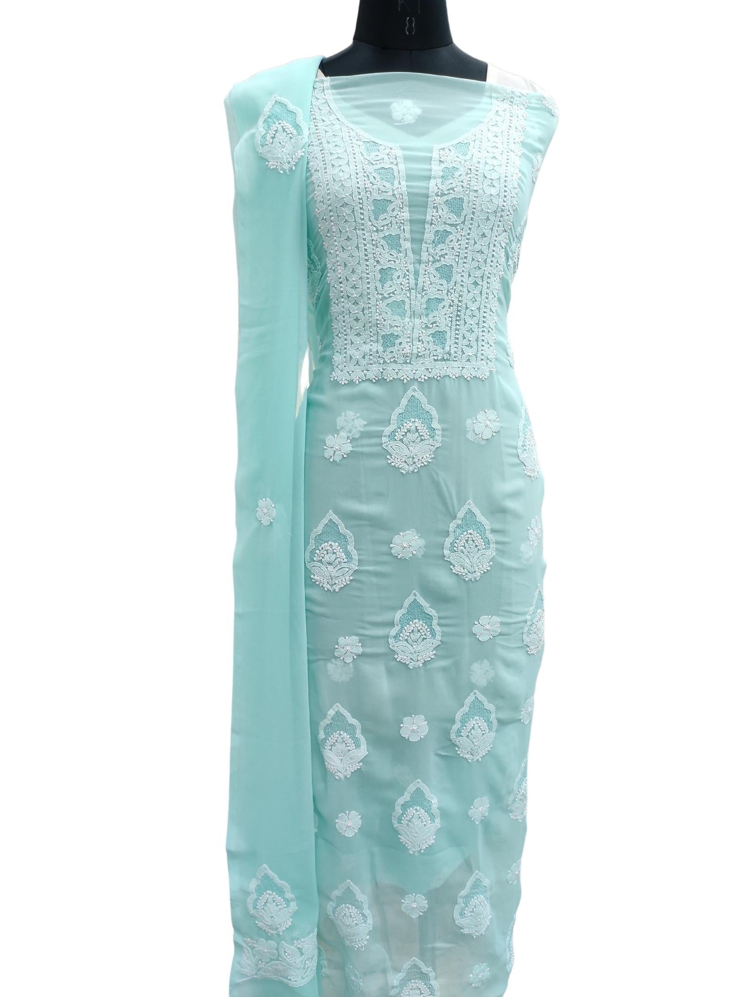 Shyamal Chikan Hand Embroidered High Quality Sea Green Georgette Lucknowi Chikankari Unstitched Suit Piece with Jaali Work - S18291