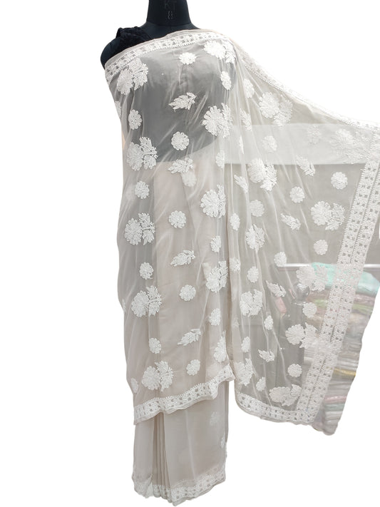 Shyamal Chikan Hand Embroidered Beige Georgette Lucknowi Chikankari Saree With Blouse Piece - S23156