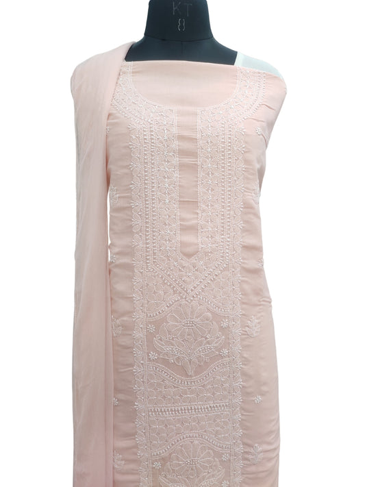 Shyamal Chikan Hand Embroidered Peach White Cotton Lucknowi Chikankari Unstitched Suit Piece With Cotton Dupatta & Jaali Work - S26707