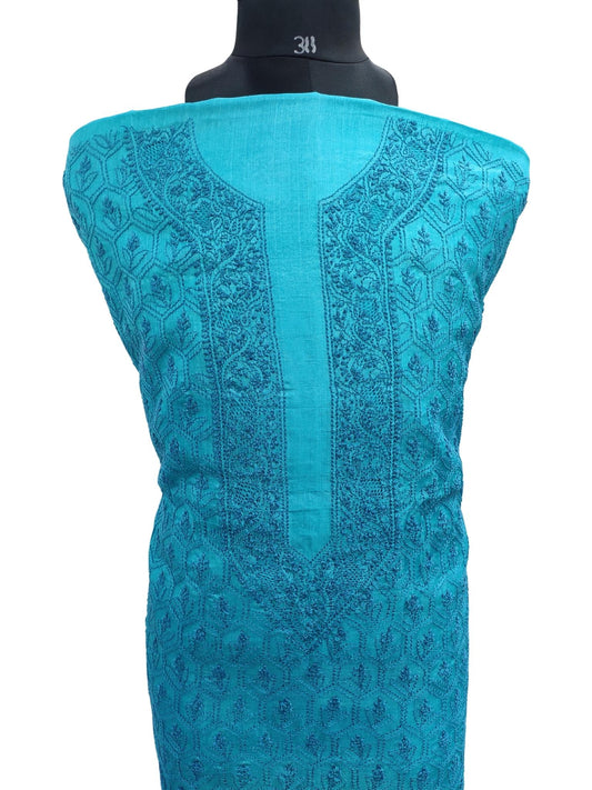 Shyamal Chikan Hand Embroidered Blue Pure Tusser Silk Lucknowi Chikankari Unstitched Men's Kurta Piece – S21362