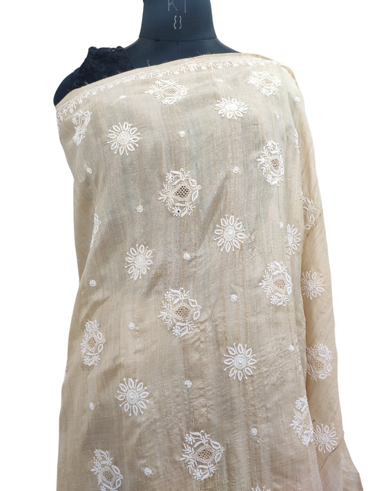 Shyamal Chikan Hand Embroidered Beige Pure Desi Tusser Silk Lucknowi Chikankari Saree With Blouse Piece- S22433