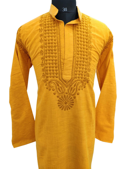 Shyamal Chikan Hand Embroidered Yellow Cotton Lucknowi Chikankari Men's Kurta – S21197