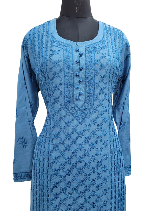 Shyamal Chikan Hand Embroidered Blue Muslin Lucknowi Chikankari Kurti - S24236