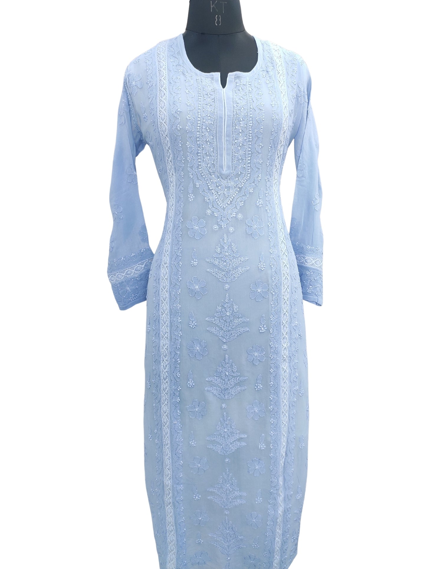 Shyamal Chikan Hand Embroidered Blue Viscose Georgette Lucknowi Chikankari Kurti With Crosia Work  - 23860