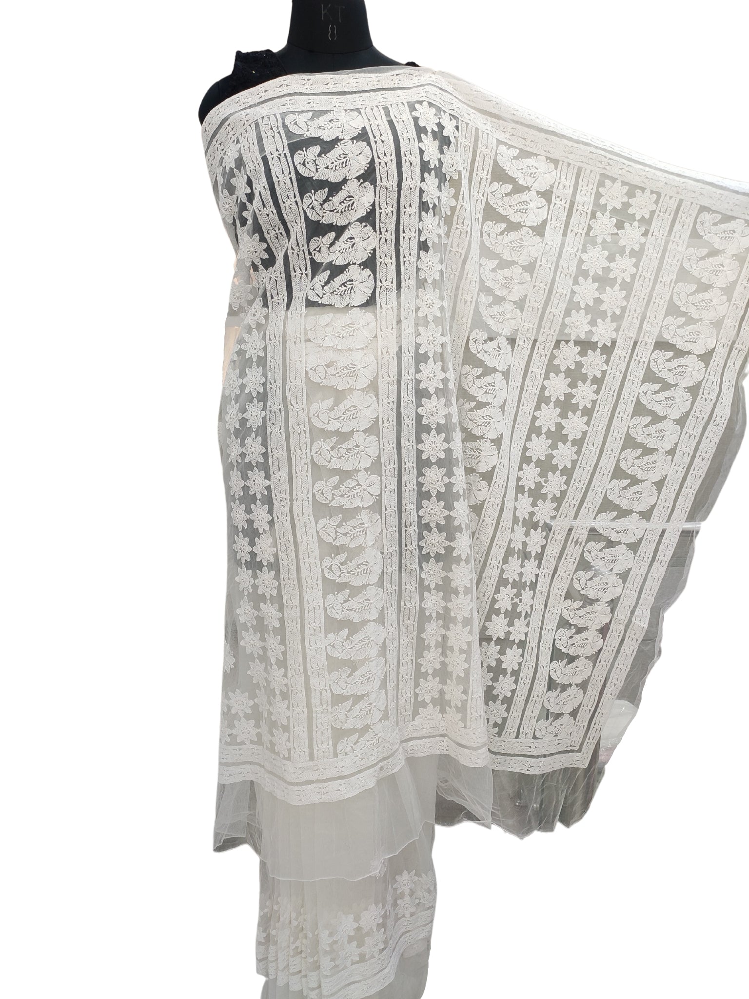 Shyamal Chikan Hand Embroidered White Net Lucknowi Chikankari Saree With Blouse Piece- S2865