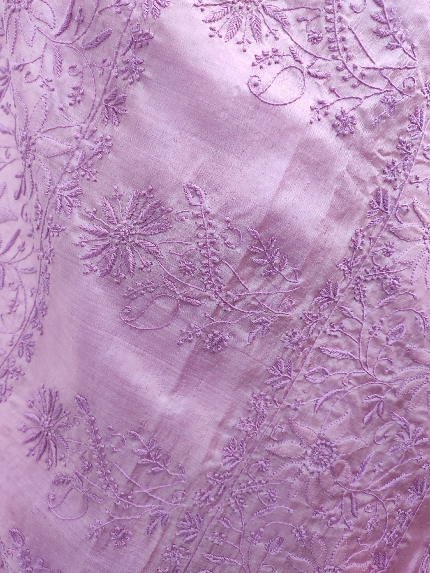 Shyamal Chikan Hand Embroidered Purple Pure Tusser Silk Lucknowi Chikankari Saree With Blouse Piece- S21493