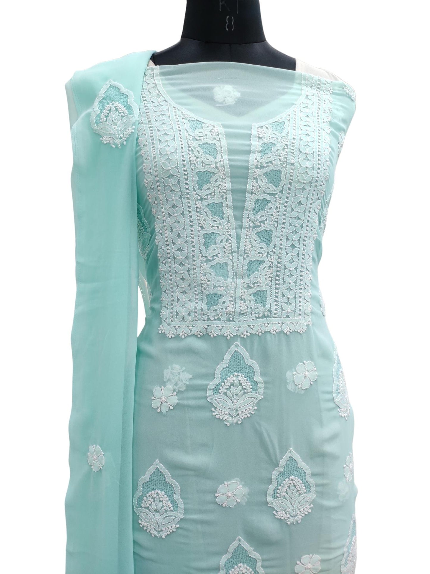 Shyamal Chikan Hand Embroidered High Quality Sea Green Georgette Lucknowi Chikankari Unstitched Suit Piece with Jaali Work - S18291