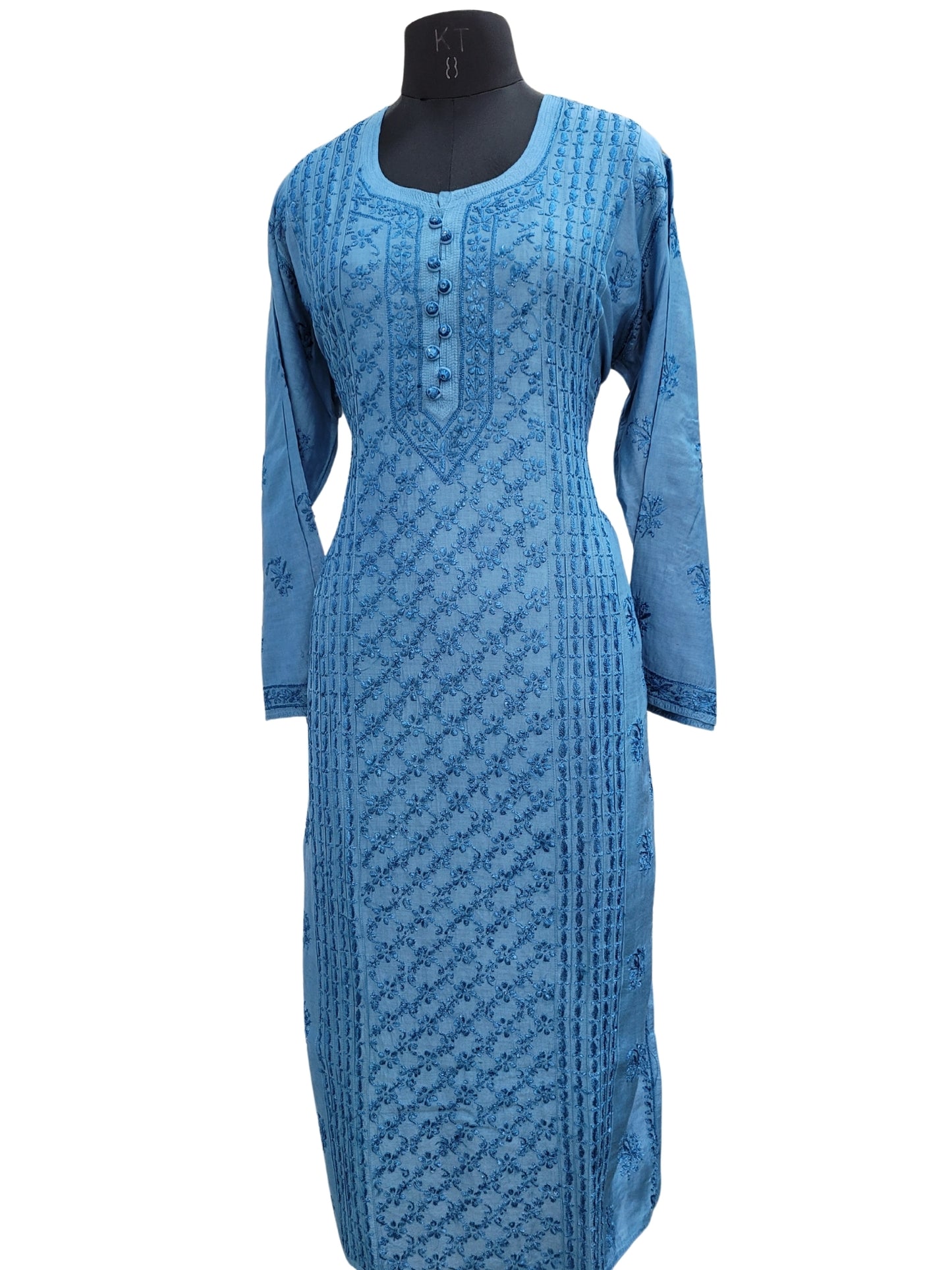 Shyamal Chikan Hand Embroidered Blue Muslin Lucknowi Chikankari Kurti - S24236