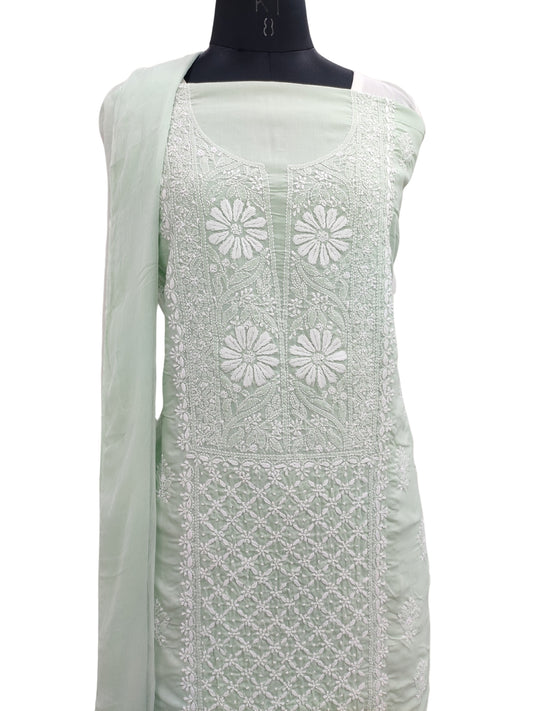 Shyamal Chikan Hand Embroidered Green Cotton Lucknowi Chikankari Unstitched Suit Piece - S23383