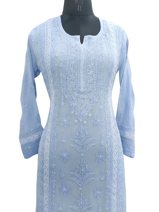 Shyamal Chikan Hand Embroidered Blue Viscose Georgette Lucknowi Chikankari Kurti With Crosia Work - S23860