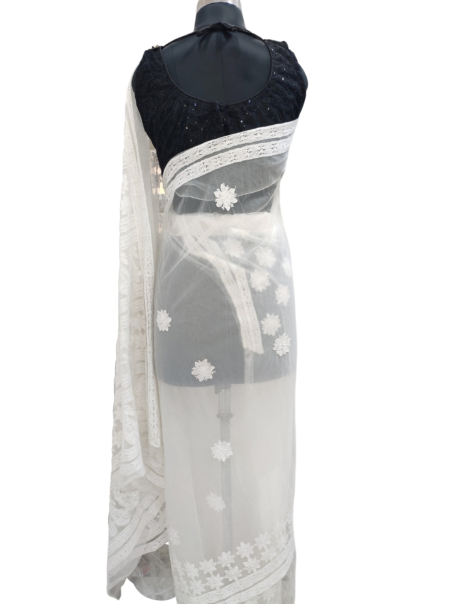 Shyamal Chikan Hand Embroidered White Net Lucknowi Chikankari Saree With Blouse Piece- S2865
