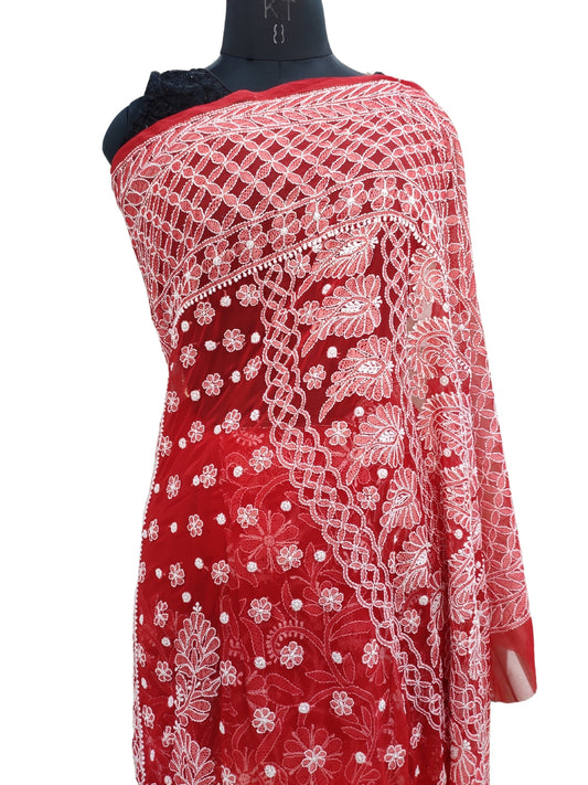 Shyamal Chikan Hand Embroidered Red Georgette Lucknowi Chikankari Full Jaal Saree With Blouse Piece - S26383