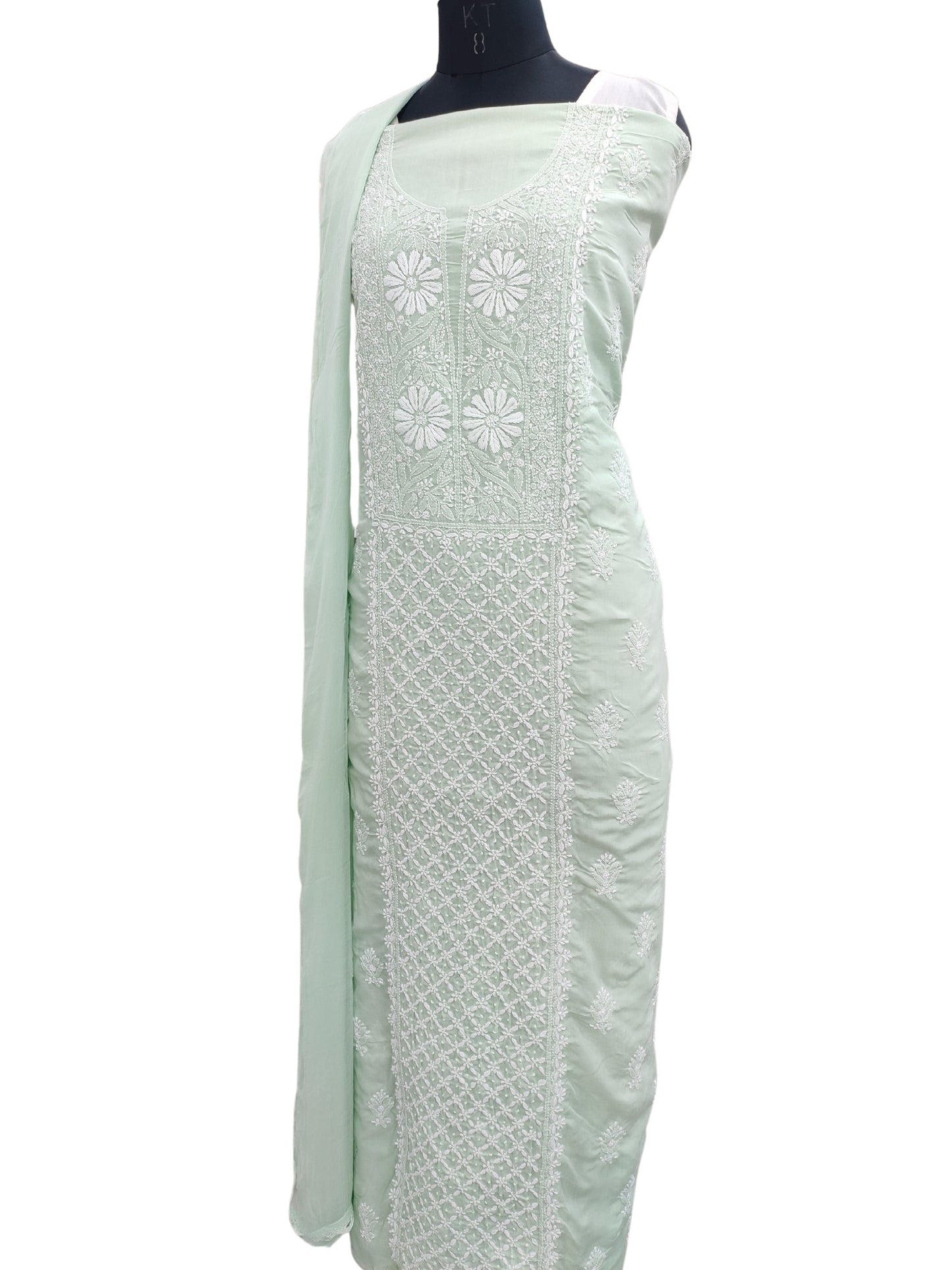 Shyamal Chikan Hand Embroidered Green Cotton Lucknowi Chikankari Unstitched Suit Piece 23383