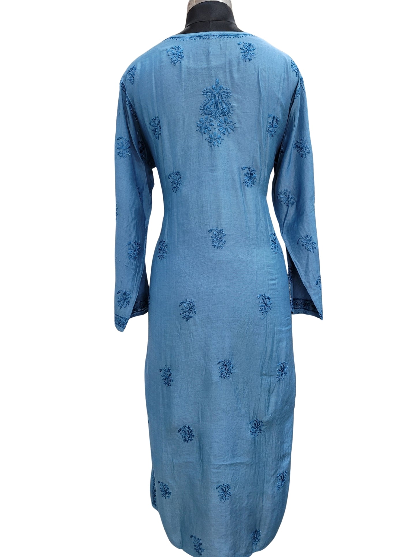 Shyamal Chikan Hand Embroidered Blue Muslin Lucknowi Chikankari Kurti - S24236