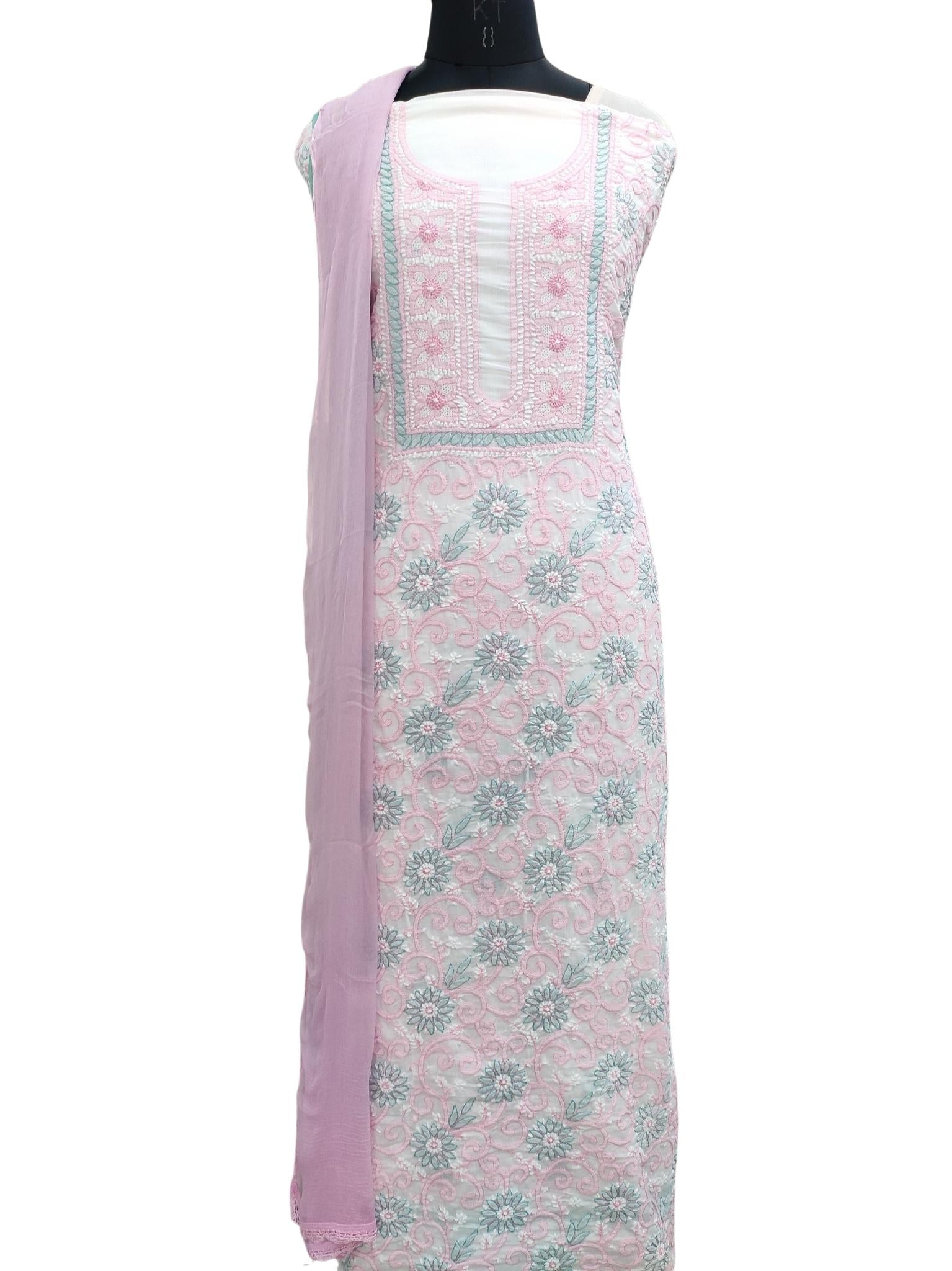 Shyamal Chikan Hand Embroidered White Pure Cotton Lucknowi Chikankari Unstitched Suit Piece - S20111