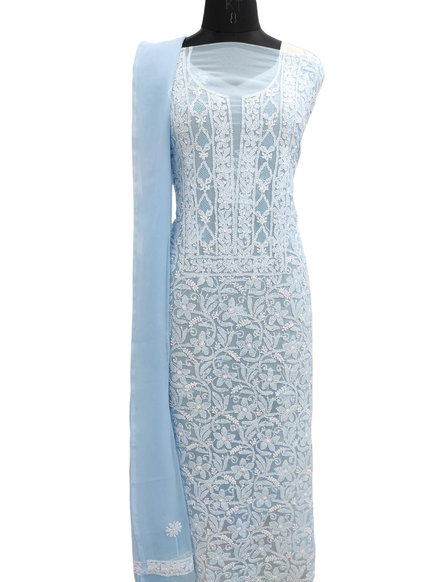 Shyamal Chikan Hand Embroidered Blue Georgette Lucknowi Chikankari Unstitched Suit Piece - S20224