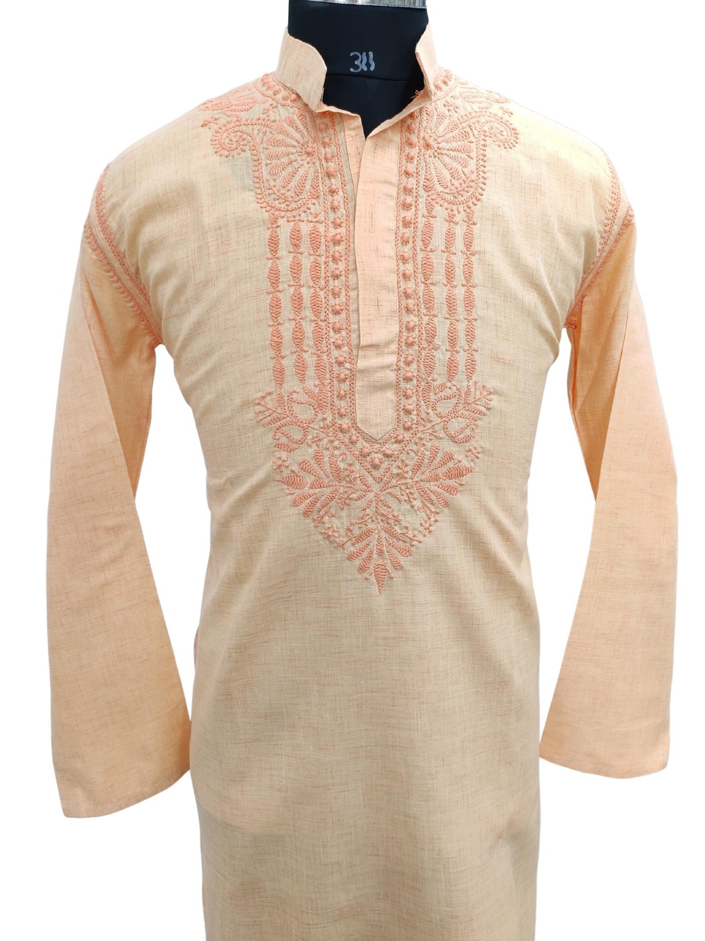 Shyamal Chikan Hand Embroidered Peach Cotton Lucknowi Chikankari Men's Kurta – S21225