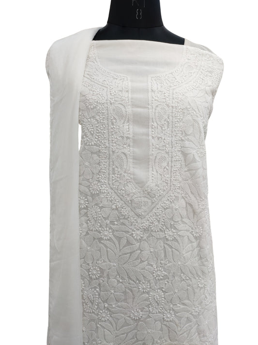 Shyamal Chikan Hand Embroidered White Cotton Lucknowi Chikankari Unstitched Suit Piece S21849