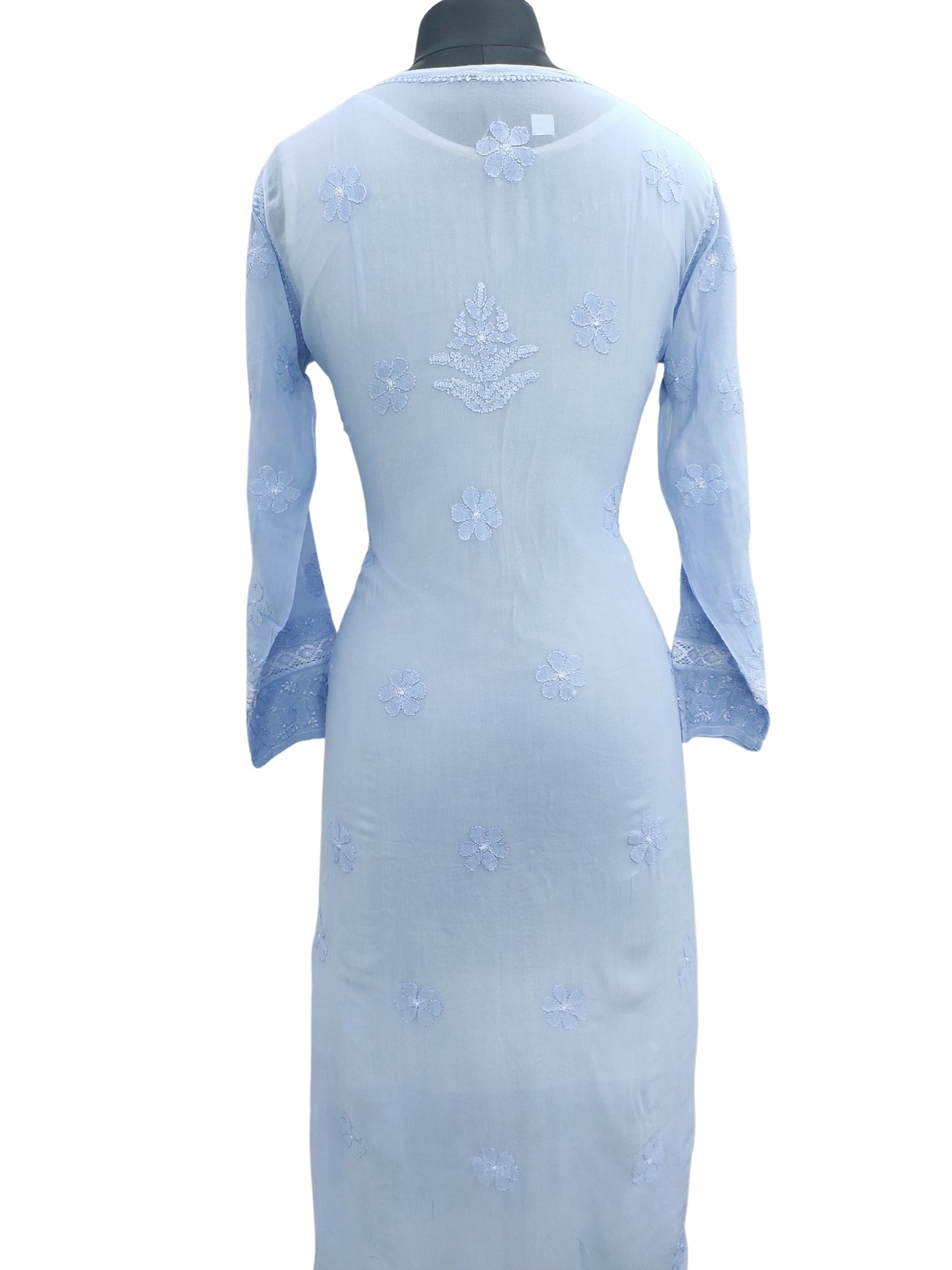 Shyamal Chikan Hand Embroidered Blue Viscose Georgette Lucknowi Chikankari Kurti With Crosia Work  - 23860