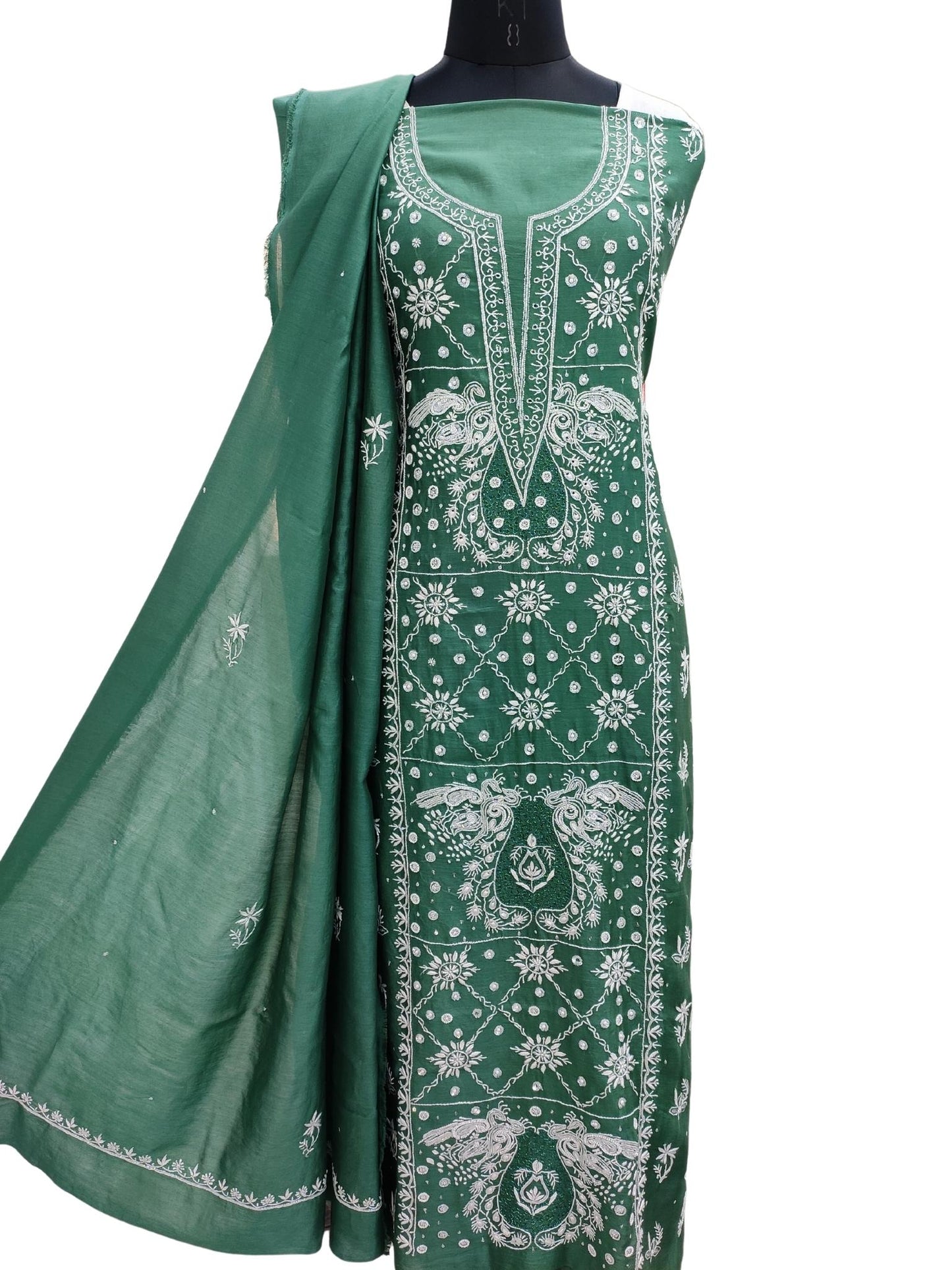 Shyamal Chikan Hand Embroidered Green Chanderi Lucknowi Chikankari Unstitched Suit Piece with Pearl & Sequin Work (Kurta Dupatta Set) - S21174