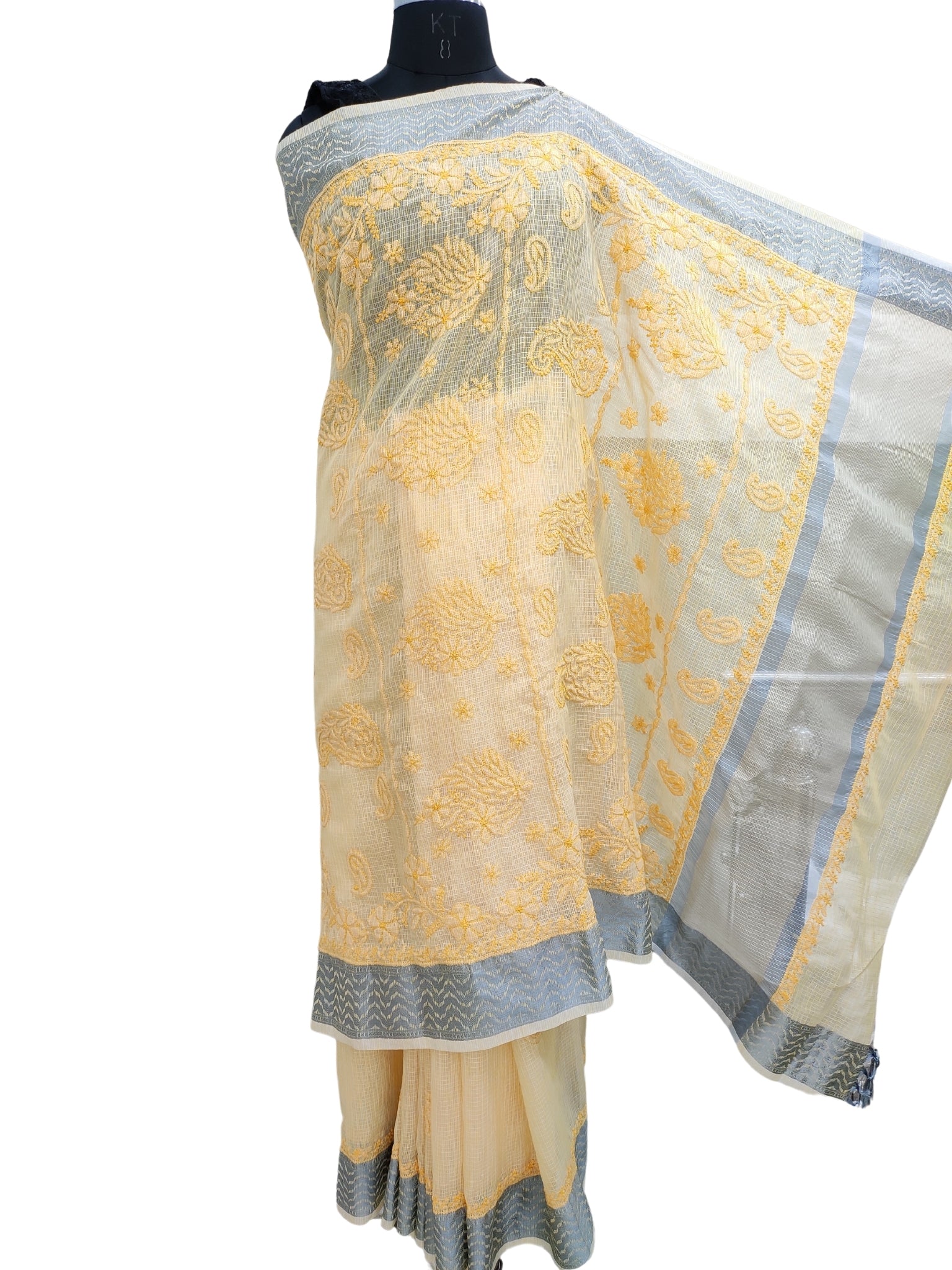 Shyamal Chikan Hand Embroidered Yellow Banarasi Lucknowi Chikankari Saree With Blouse Piece- S22888